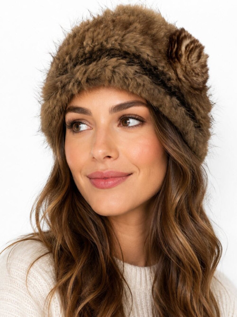 Brown Rabbit Fur Women's Headband HAT Plush Fur with Spiral Rose Detail